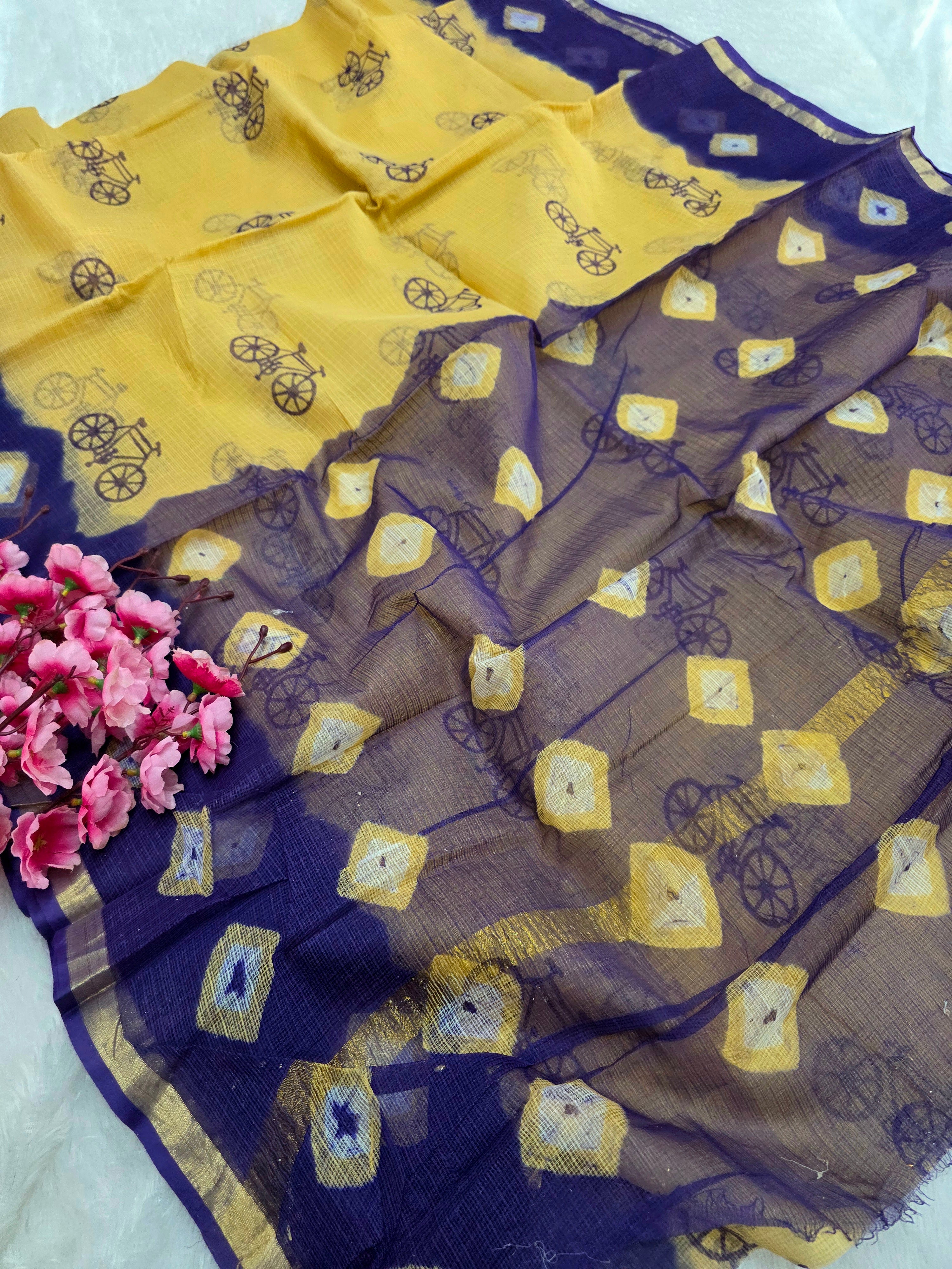 595002 शुद्ध कोटा डोरिया हैंडब्लॉक्ड प्रिंटेड साड़ी 