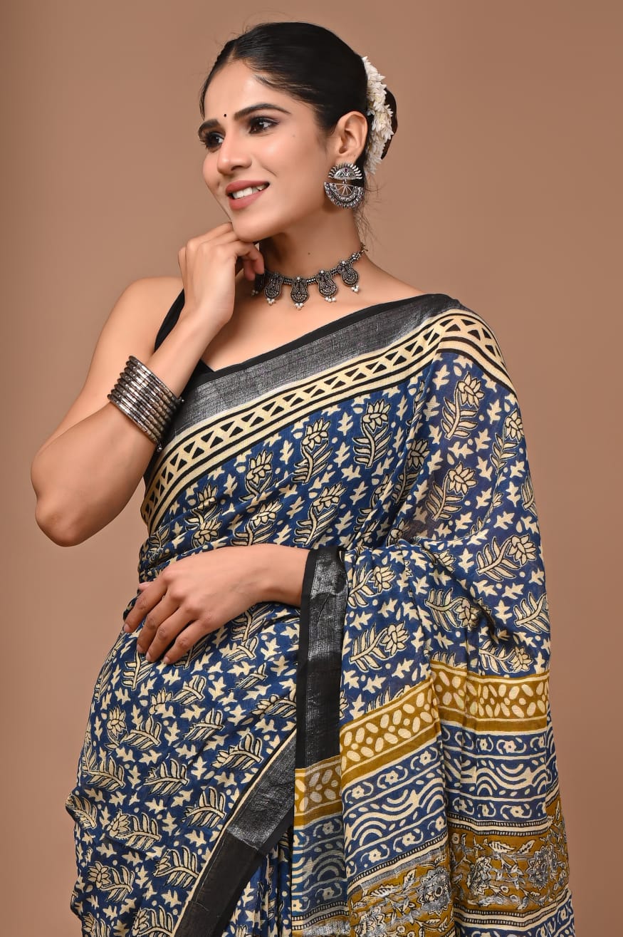 100501 Pure Rajasthani Natural Cotton Linen Hand Printed Saree