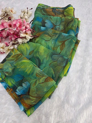 CA1469 Lightweight Elegant Semi Chiffon Flower Print Saree - Green