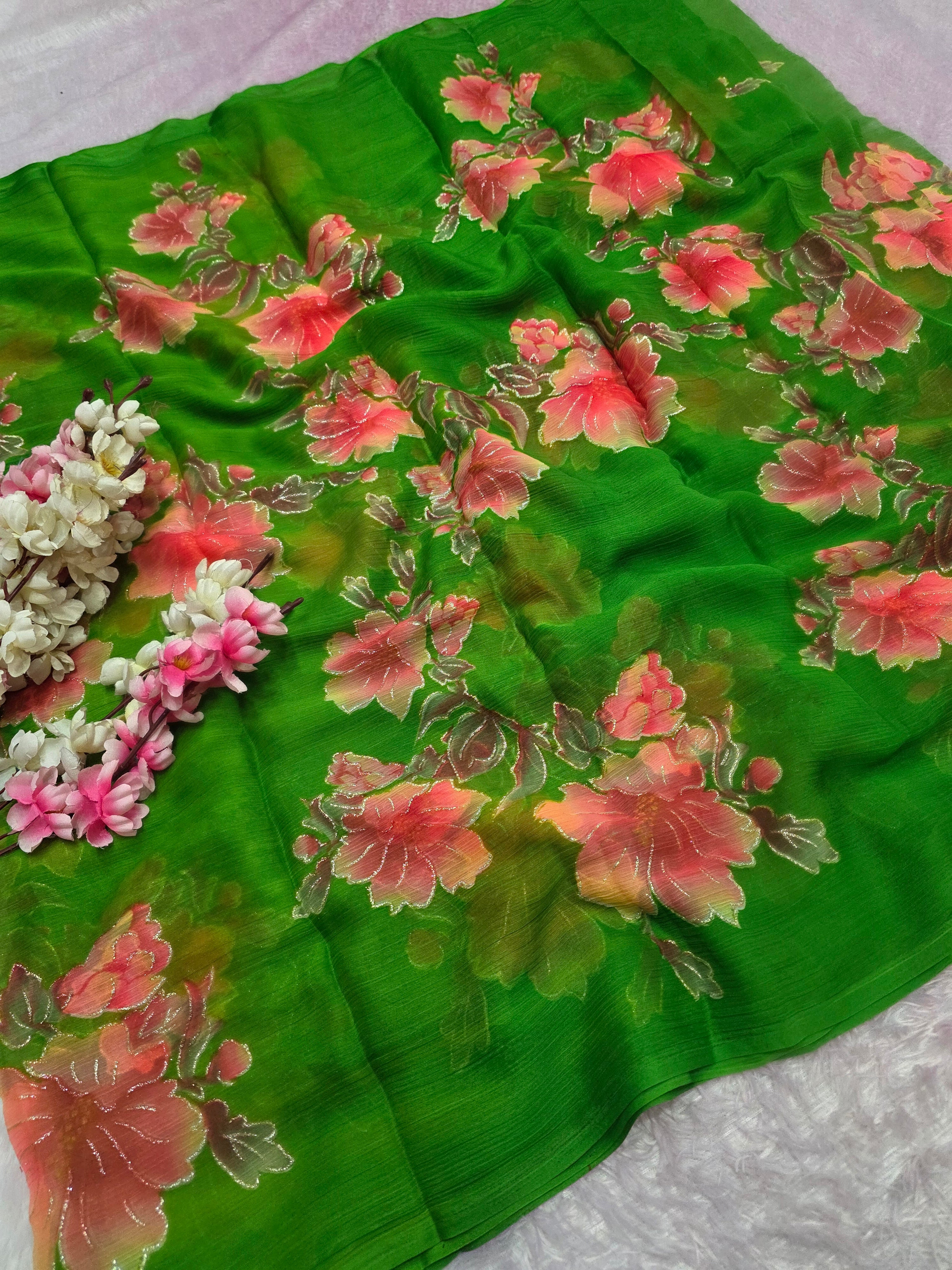 991005 Lightweight Elegant Semi Chiffon Flower Print Saree with Zari Print - Parrot Green