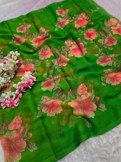 991005 Lightweight Elegant Semi Chiffon Flower Print Saree with Zari Print - Parrot Green