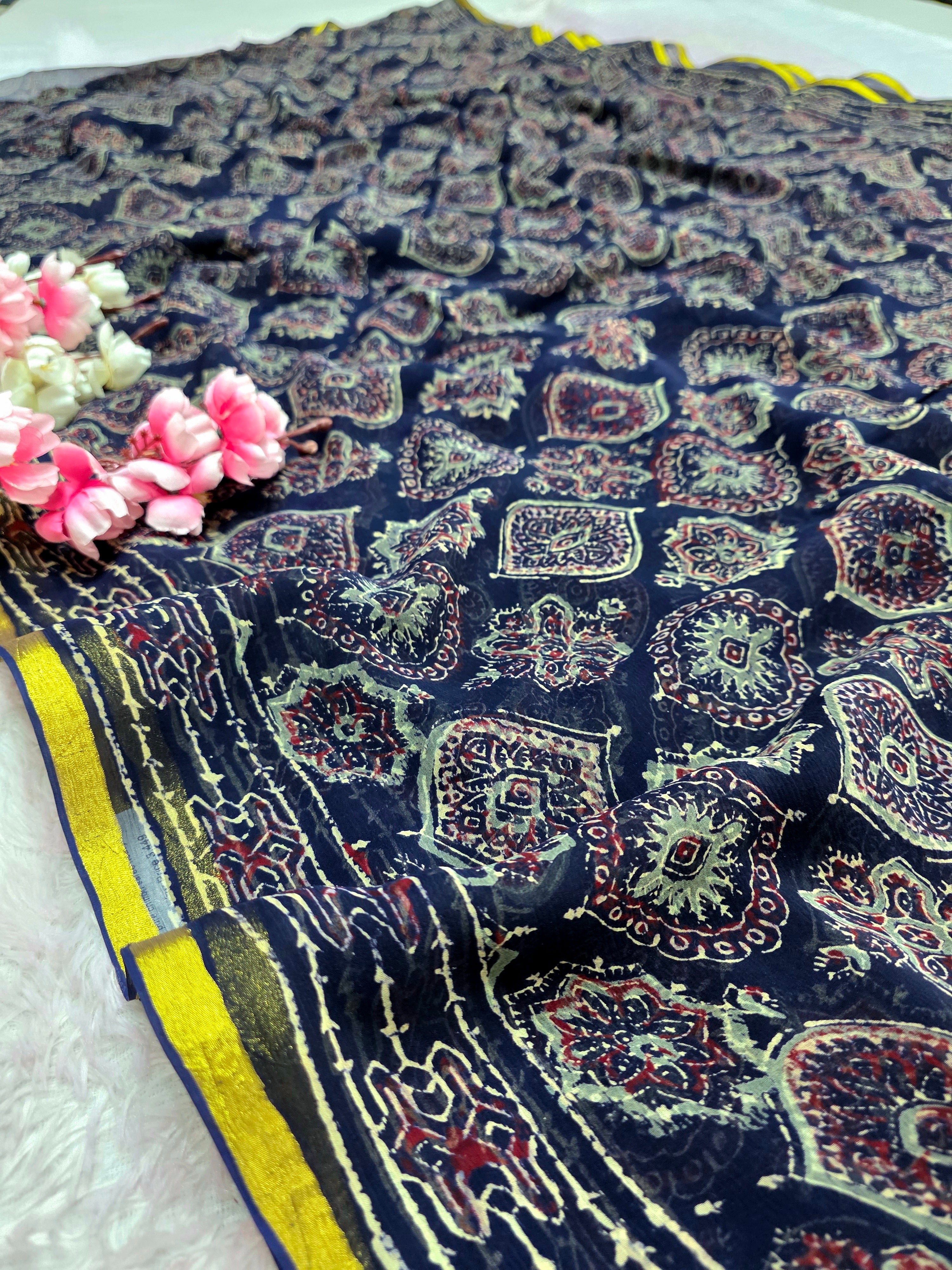 104301 Pure Rajasthani Diamond Chiffon Saree with Hand Ajrakh Print