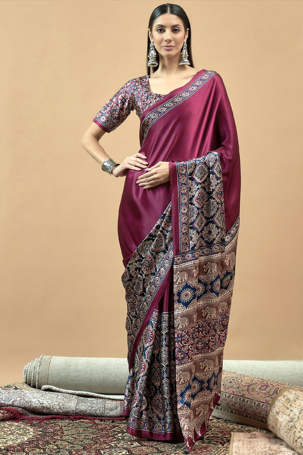 727001 Trending Ajrakh Print Semi Modal Silk Saree