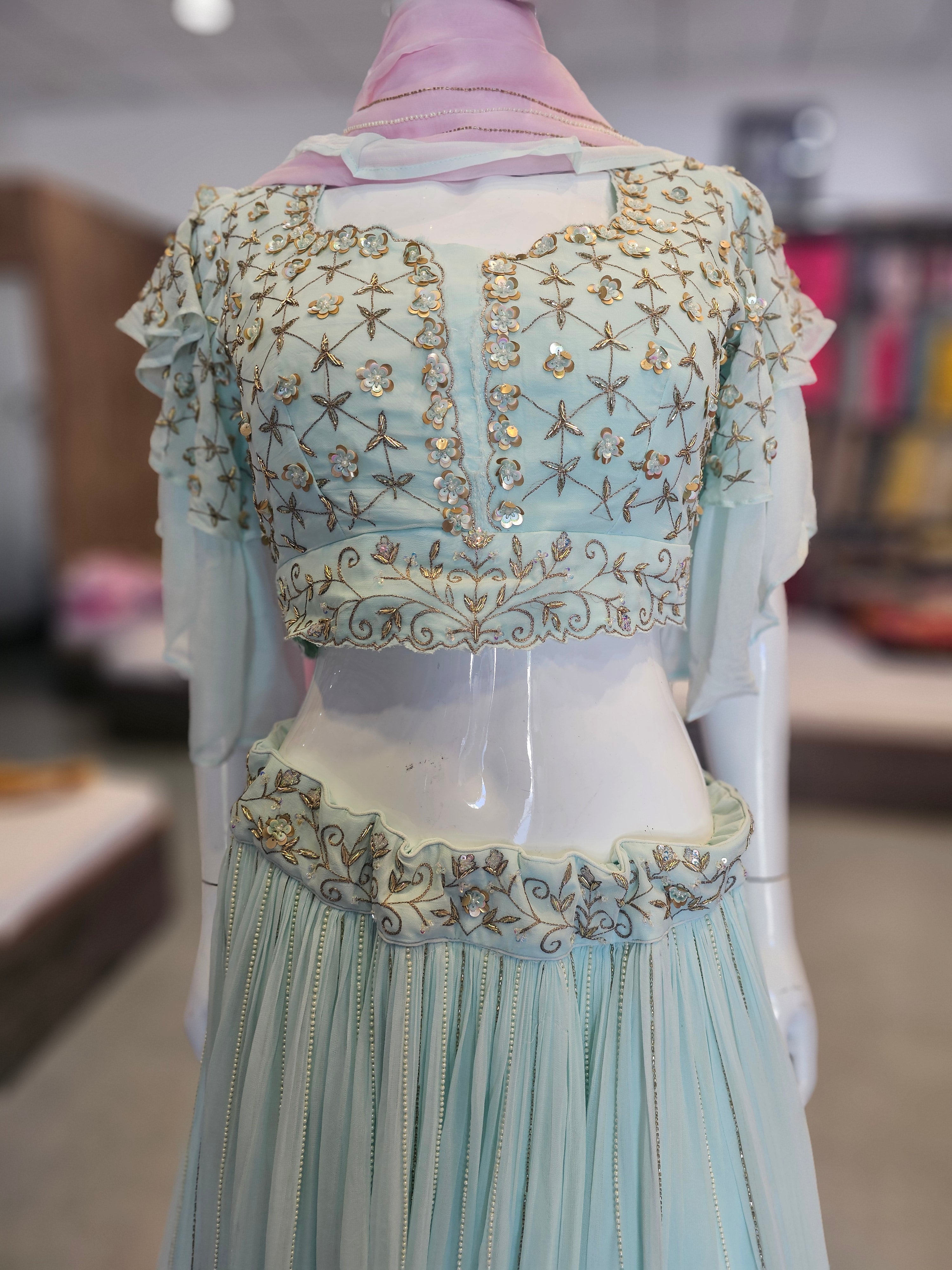 8825 Premium Hand Cutdana Work On Pure Georgette Lehenga with Heavy Stylish Blouse with Organza Dupatta