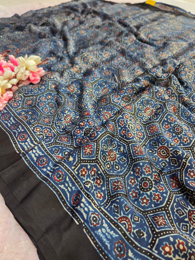 CA0738 Pure Modal Silk Ajrakh Natural Dye Saree Blue