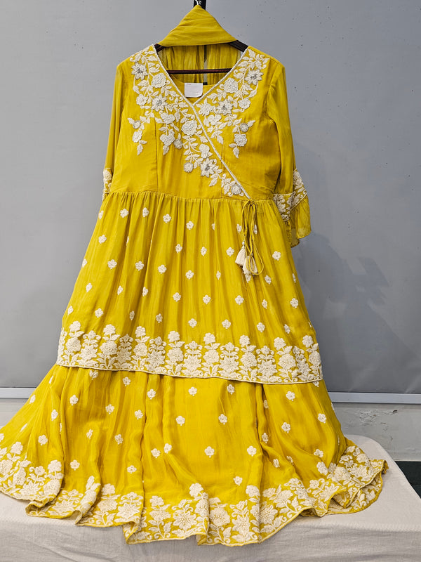 1322 Premium Designer Paplum Style Lucknow Chikankari Work Dress With Skirt and Chiffon Dupatta