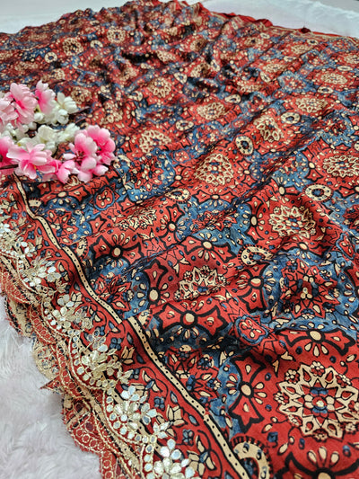 CA1006 Pure Modal Silk Hand Ajrakh Saree with Aari - Tari Work - Maroon