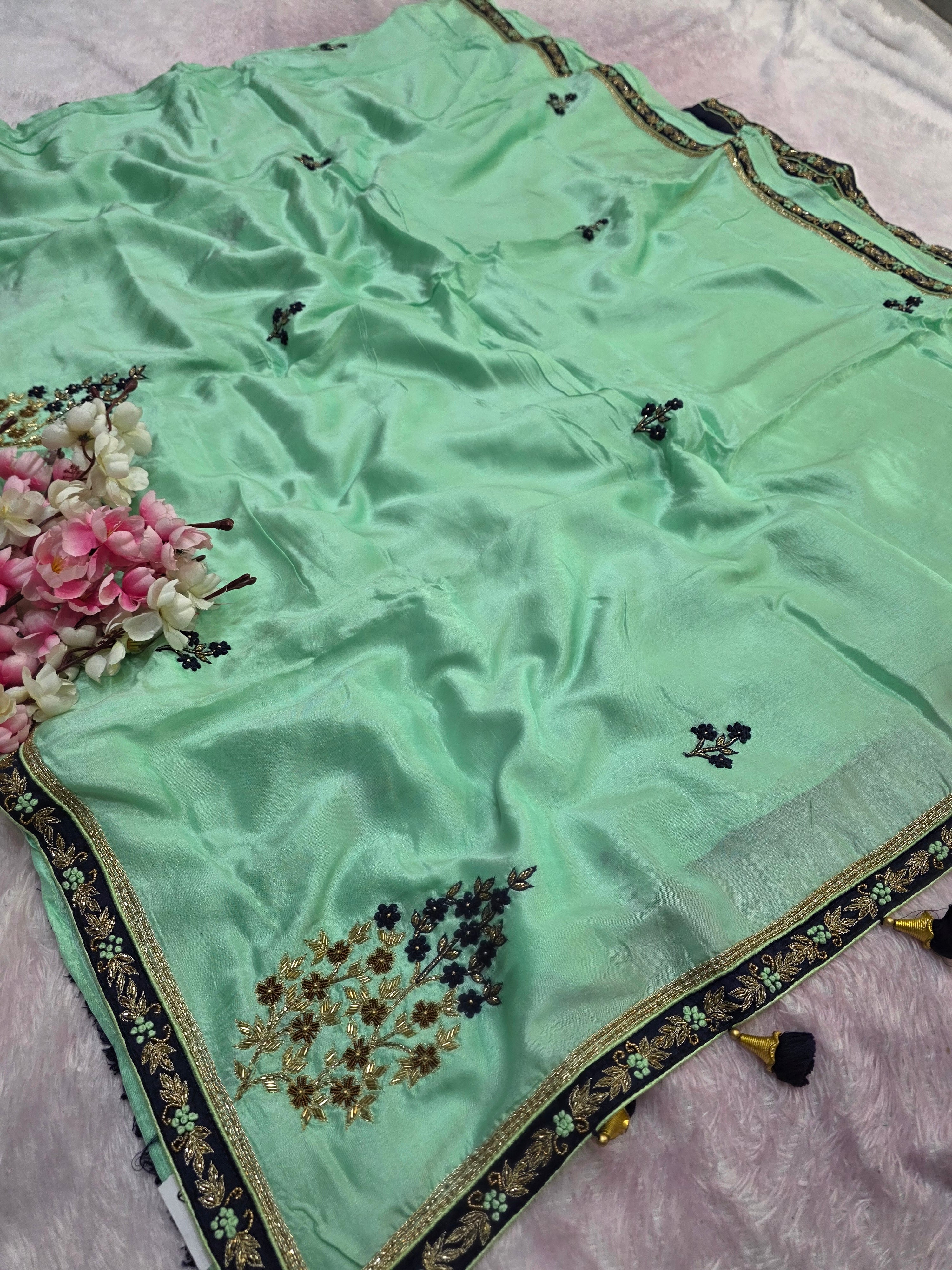 976005 Pure Russian Silk Hand Zardosi Work party Wear Saree