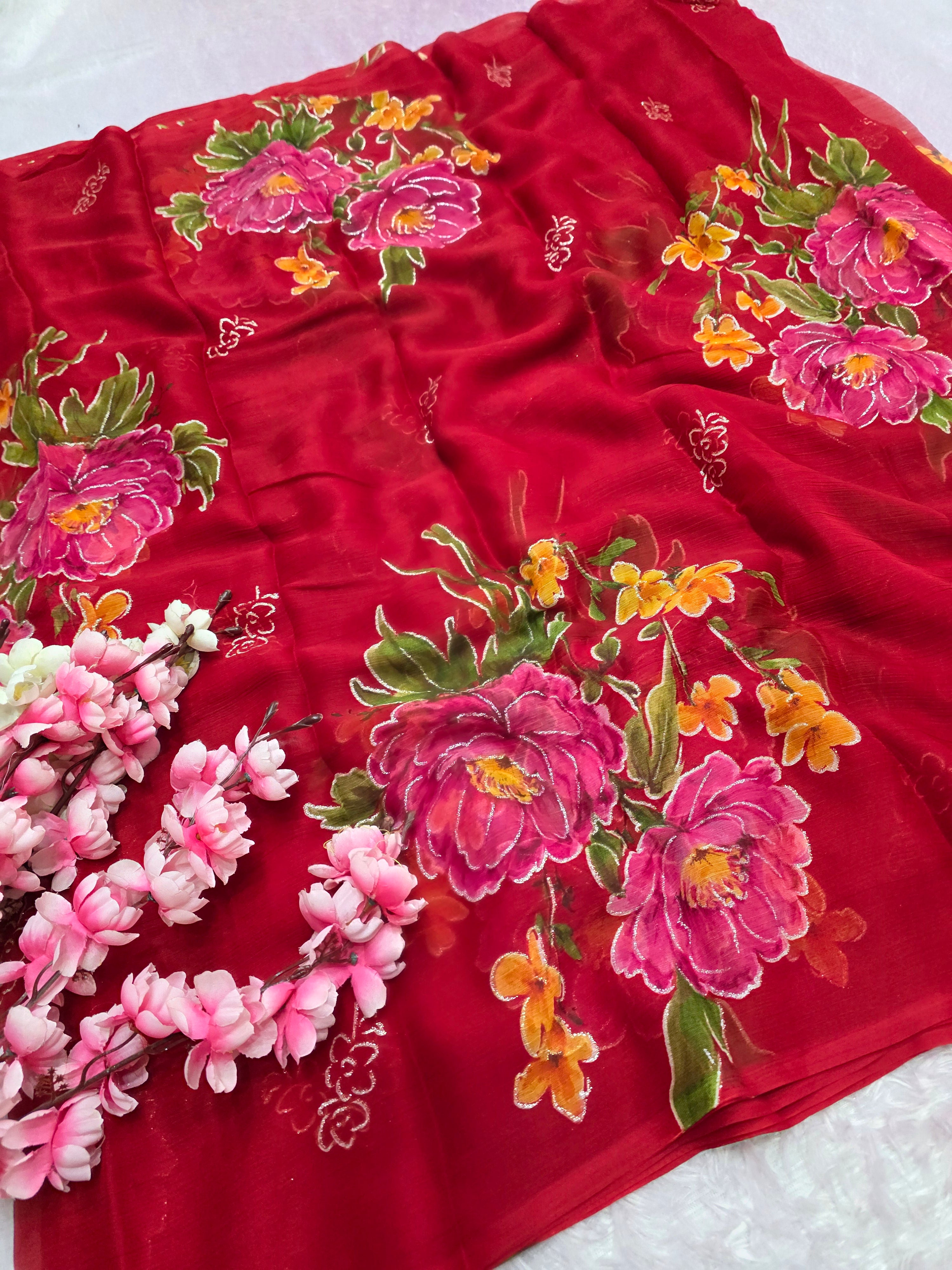 991002 Lightweight Elegant Semi Chiffon Flower Print Saree with Zari Print - Red