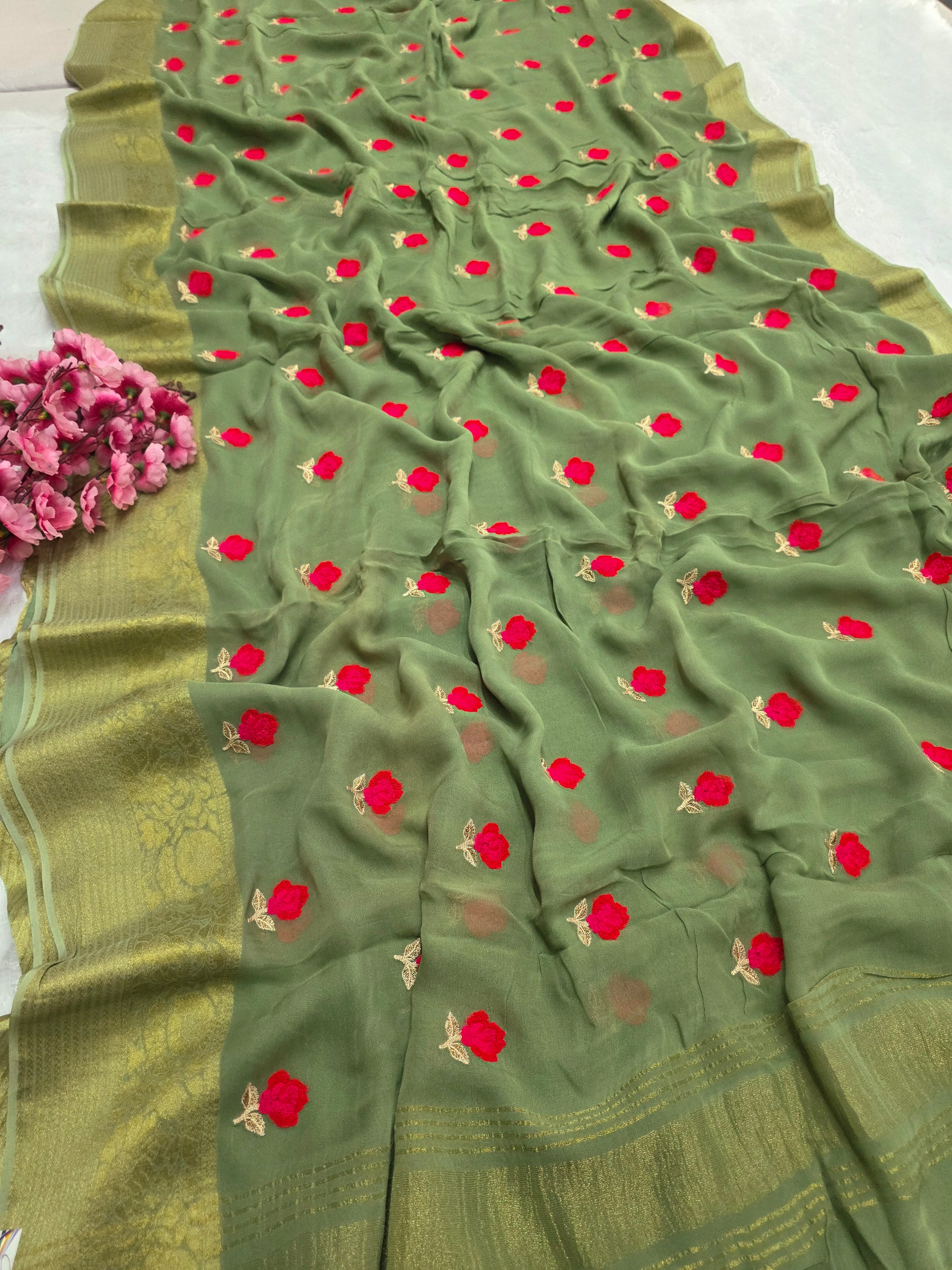 C78007 Exclusive Fancy Pure Georgette Saree with Embroidery green