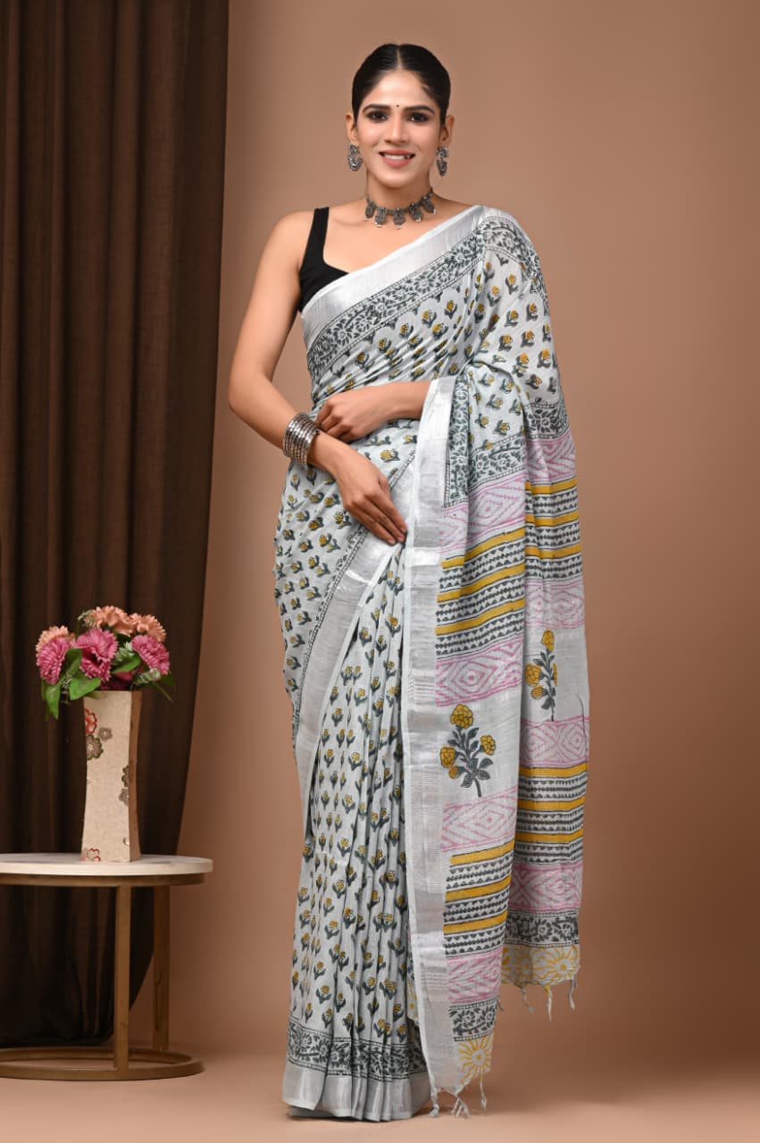 102501 Pure Rajasthani Natural Cotton Linen Hand Printed Saree