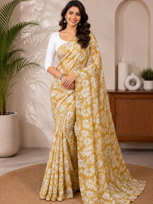 CA1462 Lightweight Elegant Semi Chiffon Flower Print Saree - Yellow