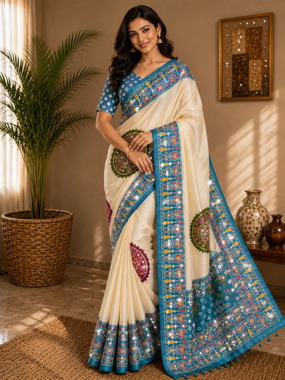 CA0768 Trending Mirror Work Ajrakh Patola Print Semi Modal Silk Saree - Firozi Blue
