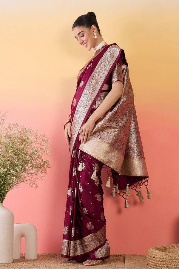 912002 Flower Butta Banarasi Satin Silk Saree - Wine