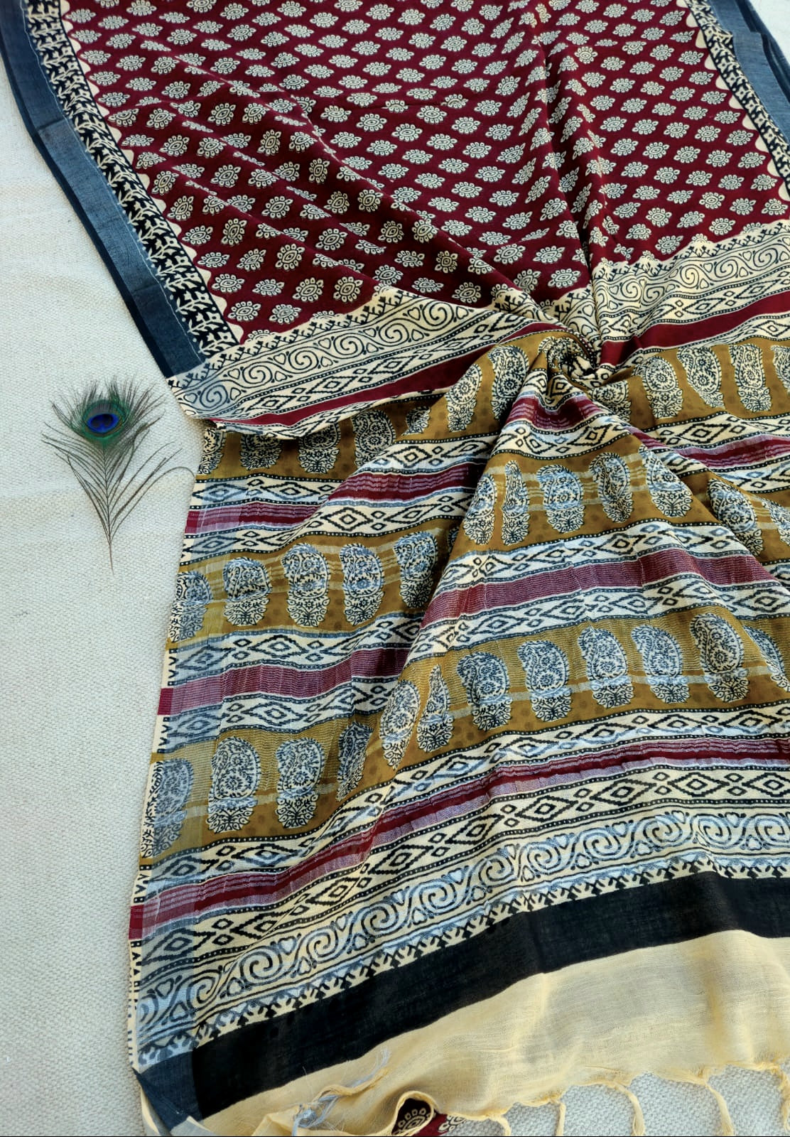 100201 Pure Rajasthani Natural Cotton Linen Hand Printed Saree