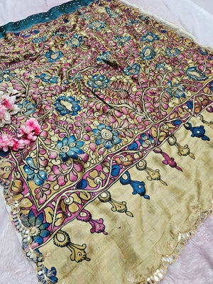 CA1022 Pure Tusser Silk Green Kalamkari Saree
