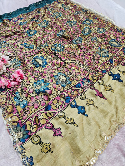 CA1022 Pure Tusser Silk Green Kalamkari Saree