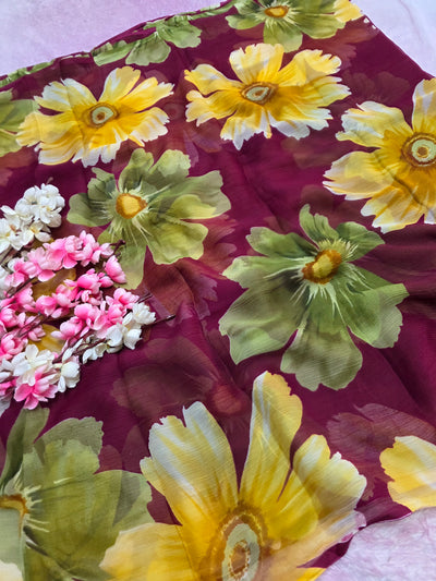 103904 Lightweight Elegant Semi Chiffon Flower Print Saree - Wine