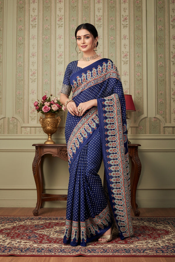 937004 Traditional Ajrakh Print Satin Silk Saree - Blue