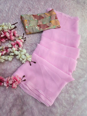CA1520 Designer Soft Georgette Plain Saree with Designs Blouse - Pink