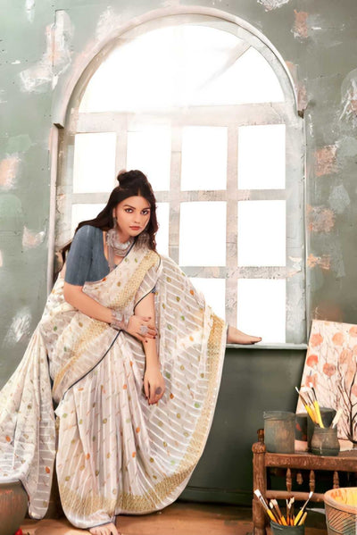 942001 Very Elegant Chiffon Crepe Silk Print Saree with Swarovski on Border - Gray