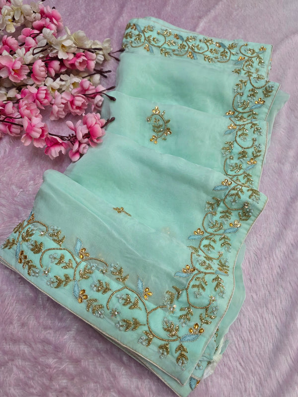 103003 Premium Designer Party Wear Pure Organza Georgette Saree - Sea Green