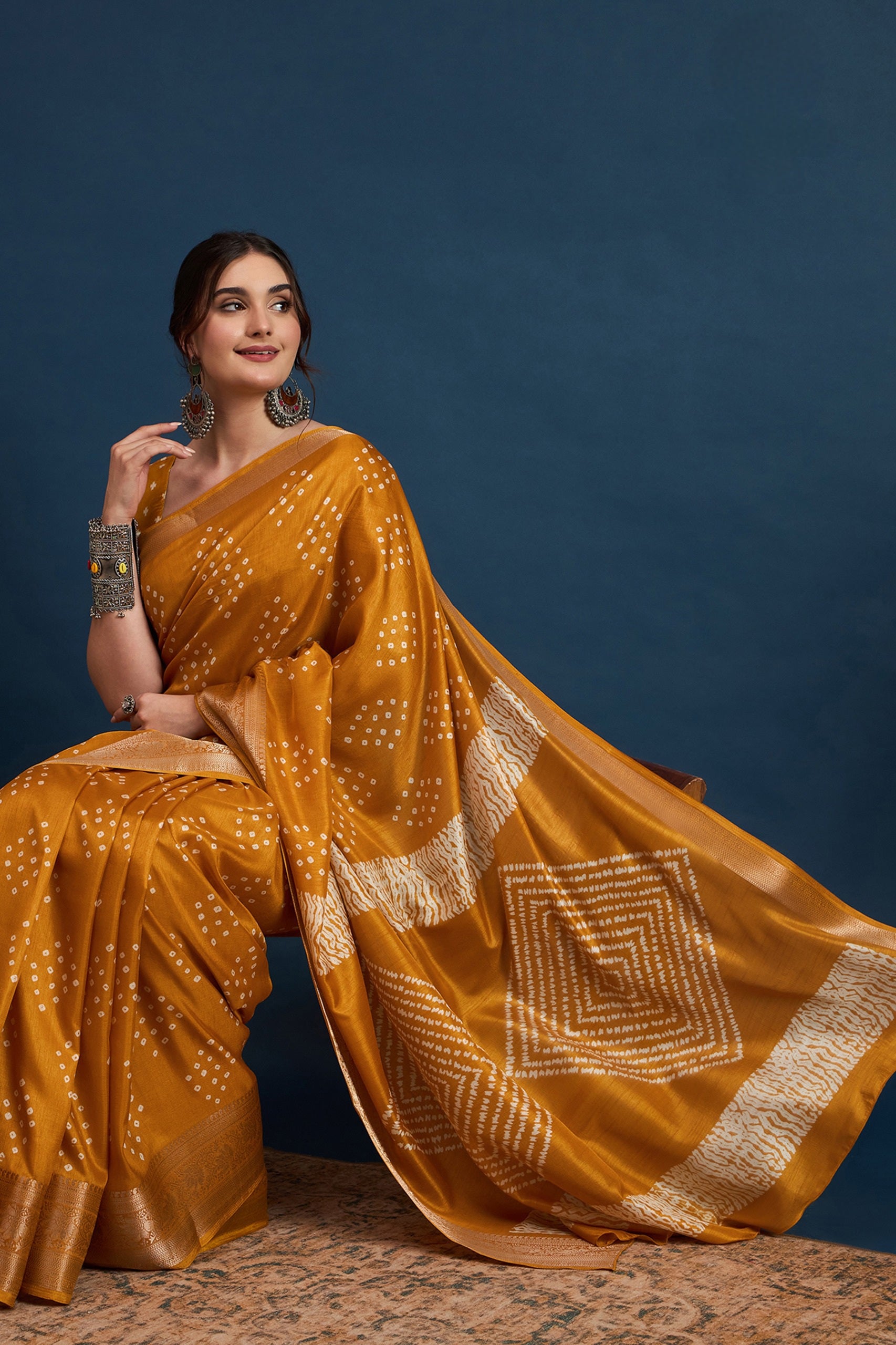 2422 Soft Semi Dola Silk Bandhani Print Saree with Banarasi Border - Mustered