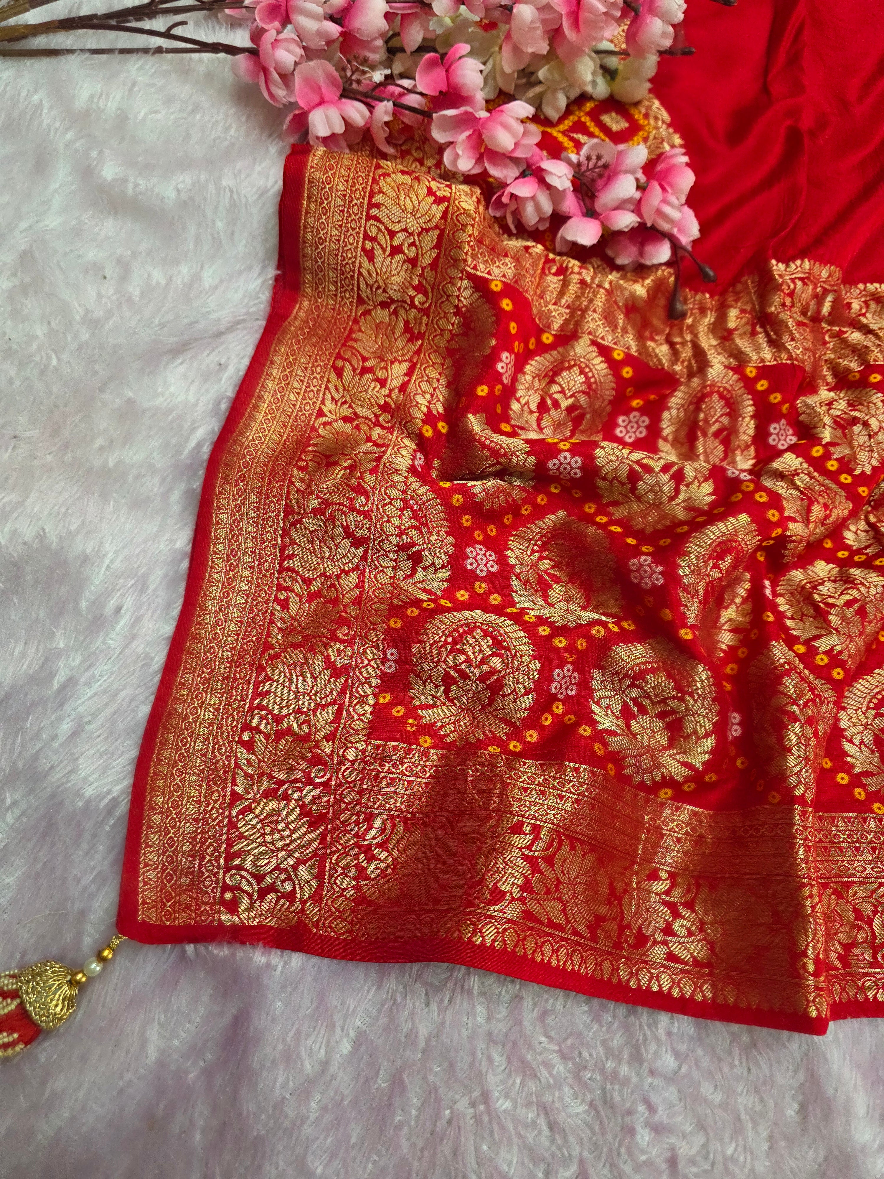 12473 Traditional Bandhani Saree with Banarasi Weaving Saree - Red