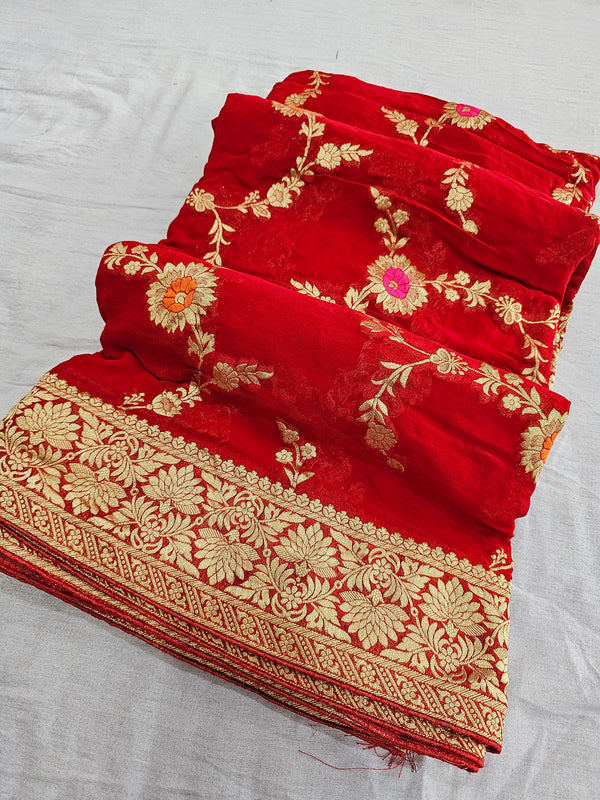 681003 Traditional Pure Georgette Red Saree with Zari and Minakari Work