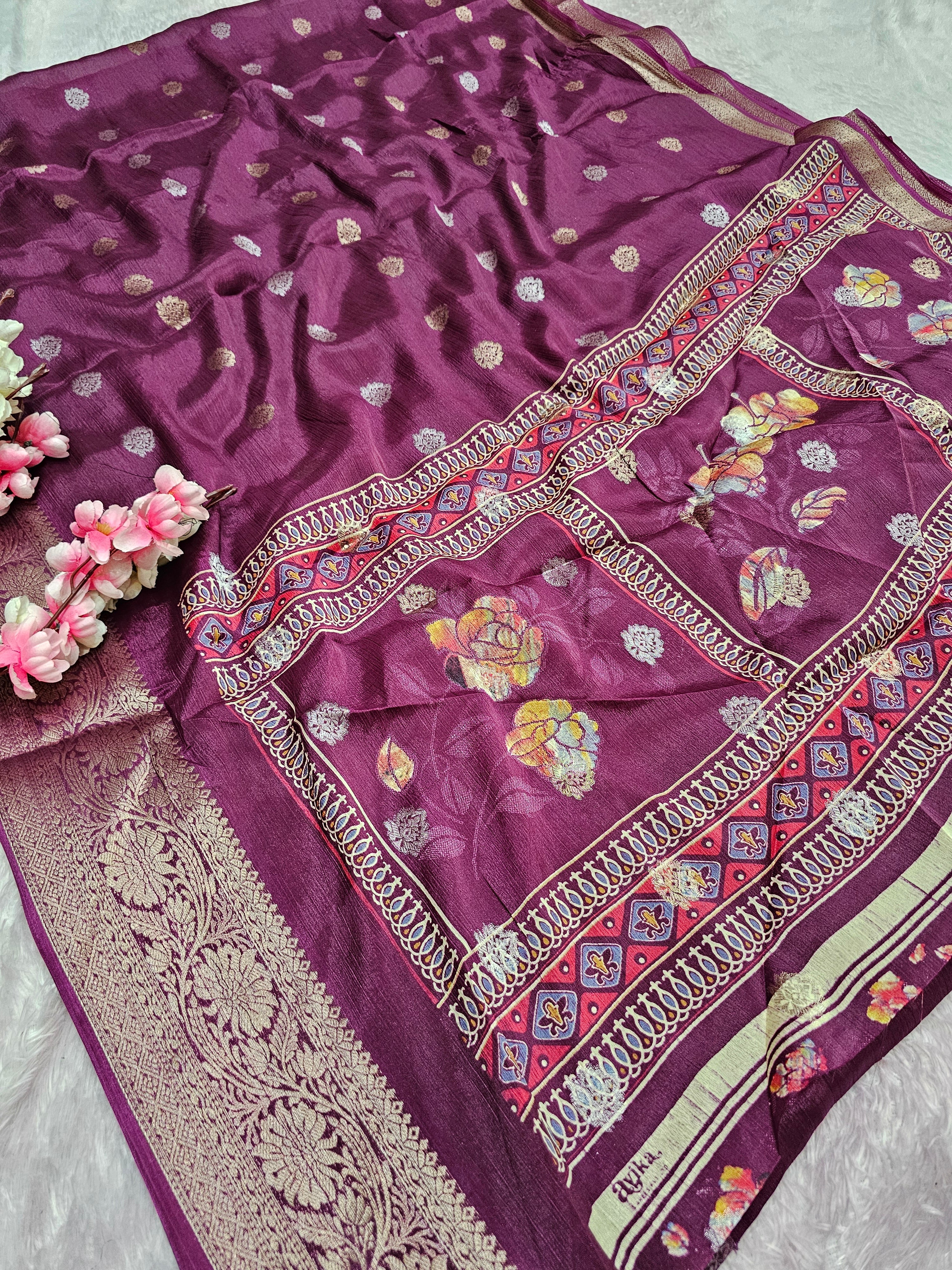 994003 Beautiful Soft Wrinkle Chinon Silk Zari Weaving Saree With Printed Pallu - Wine