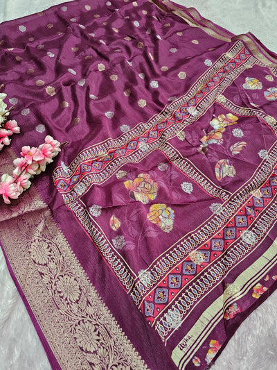 994003 Beautiful Soft Wrinkle Chinon Silk Zari Weaving Saree With Printed Pallu - Wine