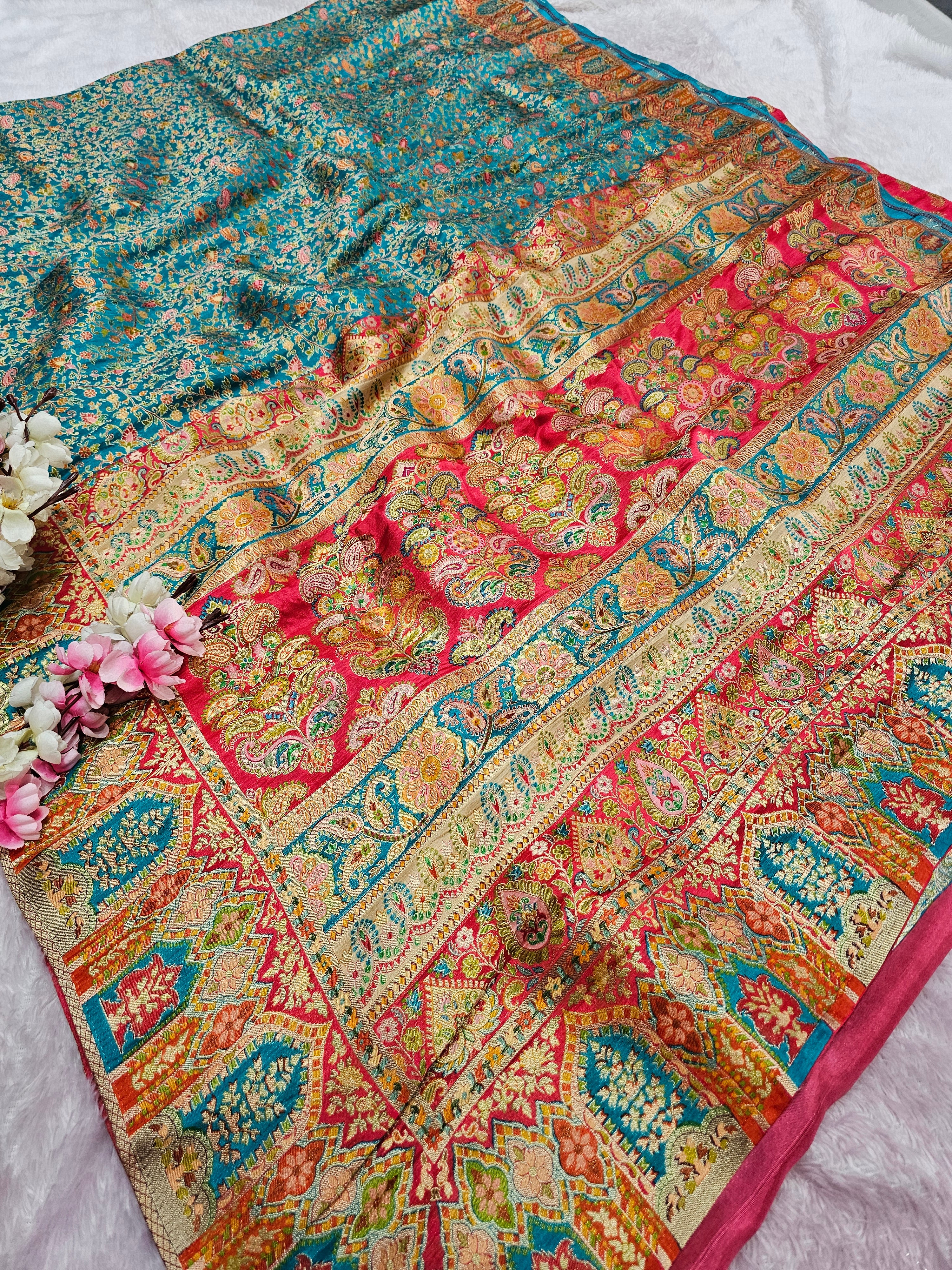 989003 Exclusive Pashmina Kashmiri Work Pure Viscos Silk Firozi Blue Saree