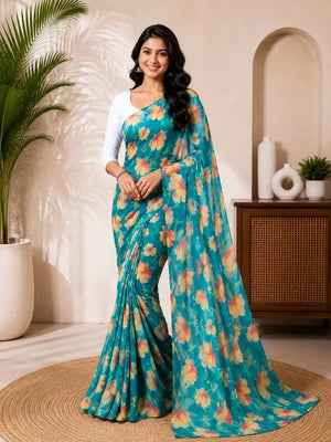 CA1031 Lightweight Elegant Semi Chiffon Flower Print Saree - Teal