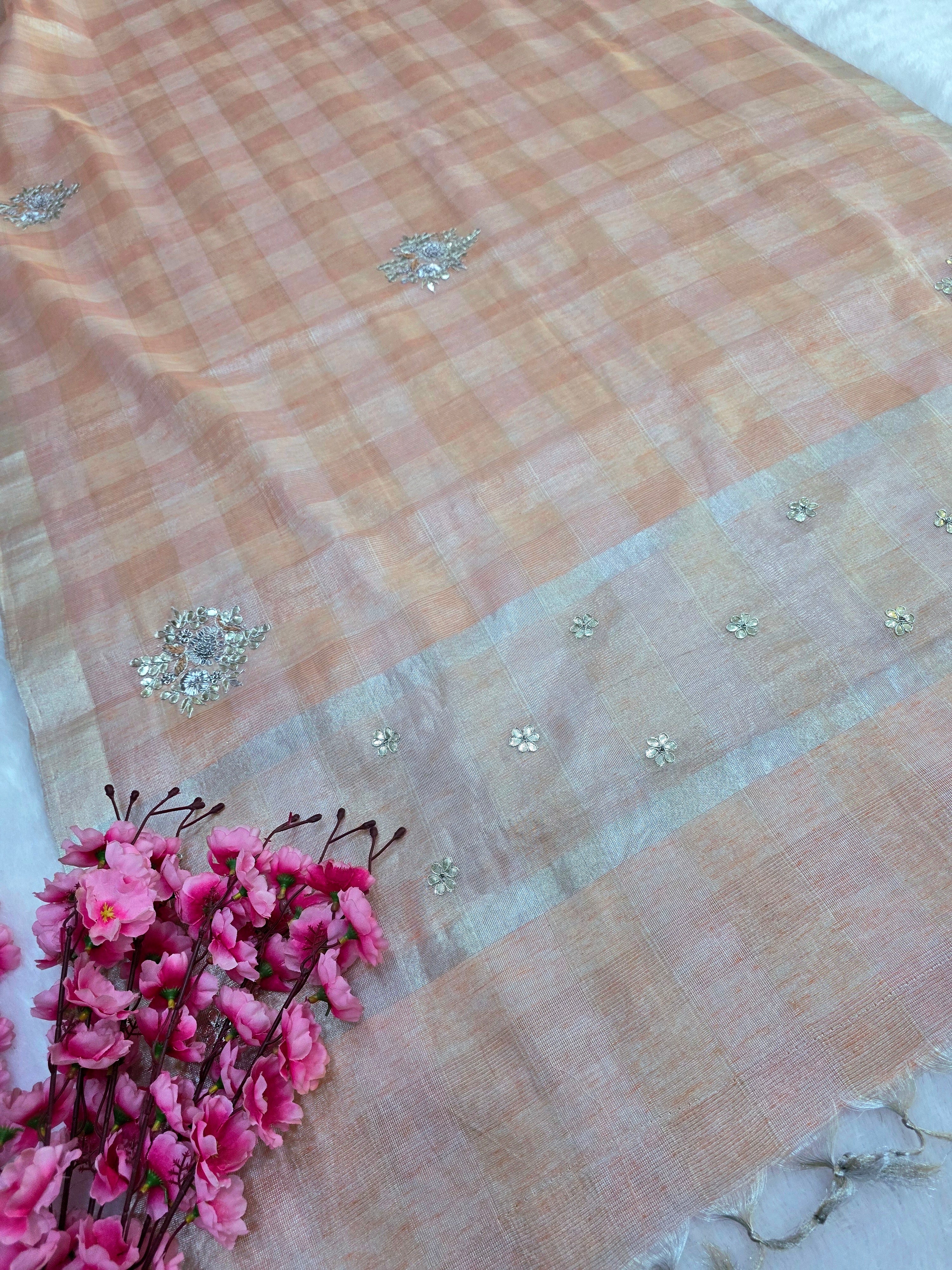 783005 Linen Tissue Saree With White Gota Patti and Zardosi Work