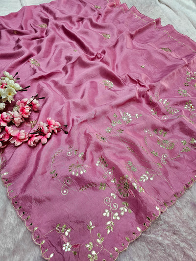 12455 Designer Pure Upada Silk Traditional Rajasthani Saree with Gota Patti Work - Pink