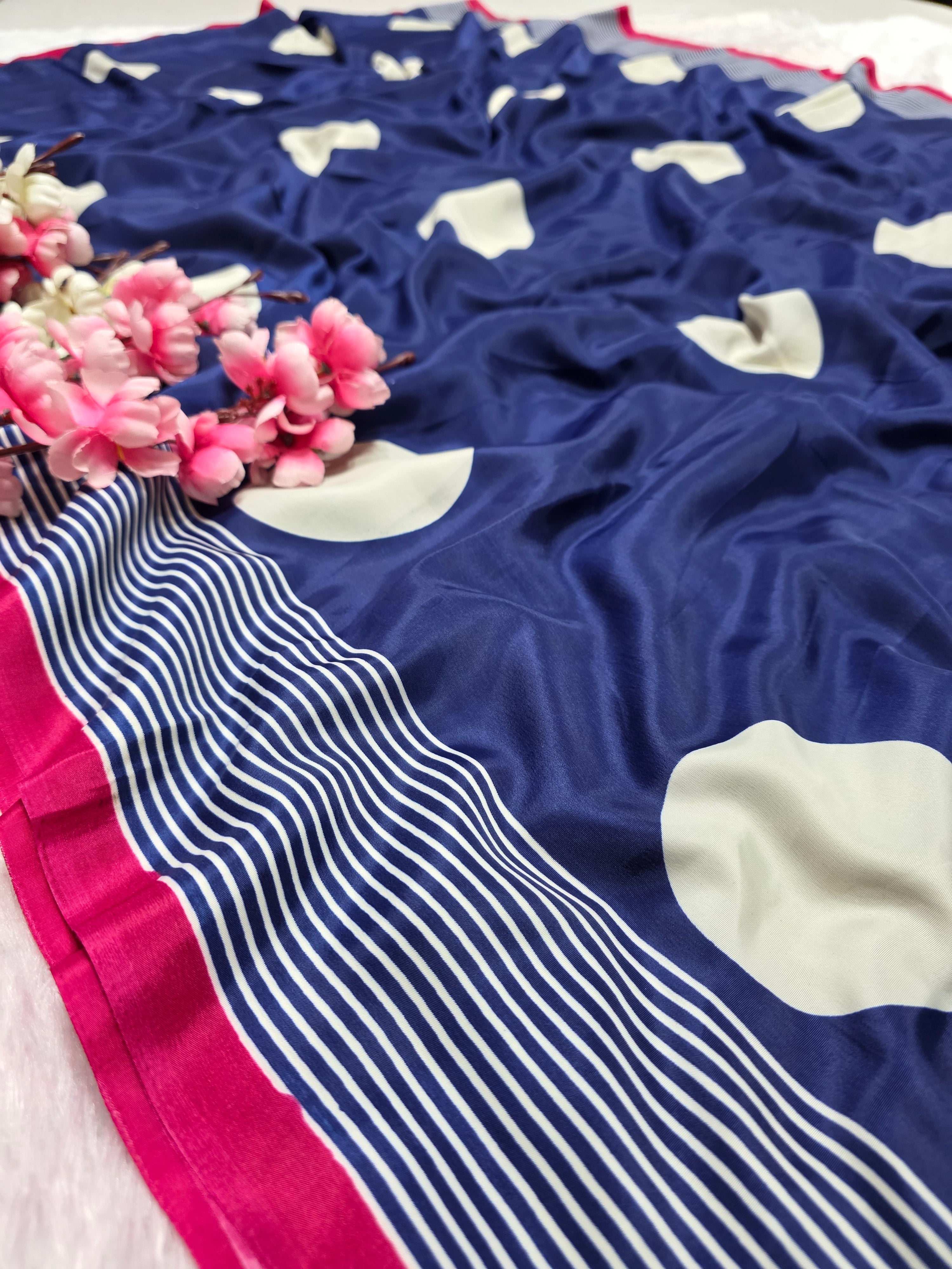 939001 Retro Style Polka Dots Print Satin Silk Saree - Blue