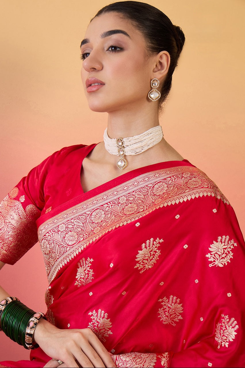 912002 Flower Butta Banarasi Satin Silk Saree - Rani