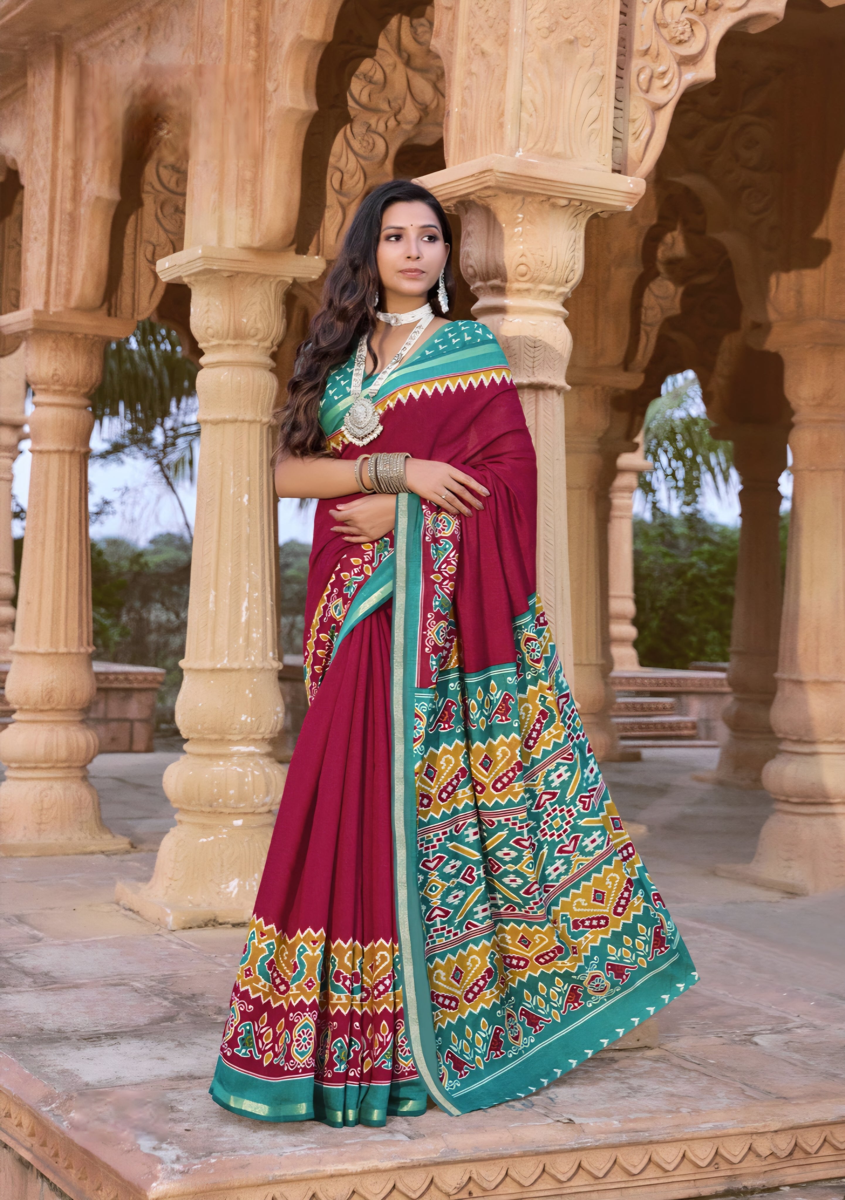 913006 Patola Print Soft Cotton Silk Saree with Small Zari Border -