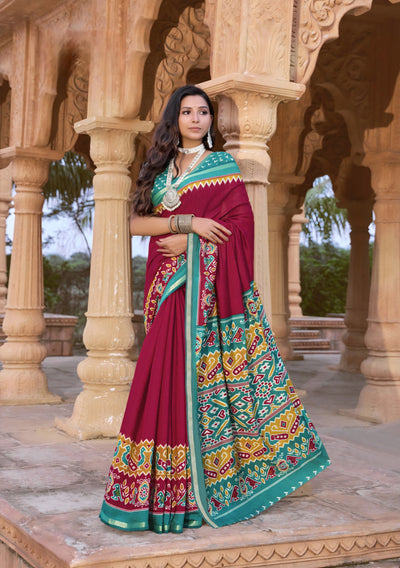 913006 Patola Print Soft Cotton Silk Saree with Small Zari Border -