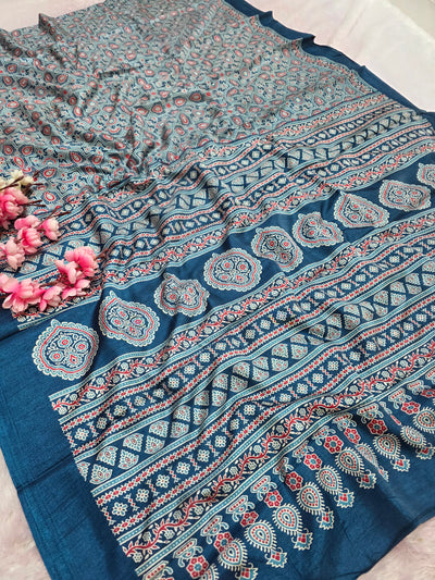 973001 Traditional Ajrakh Print Semi Dola Silk Saree - Blue