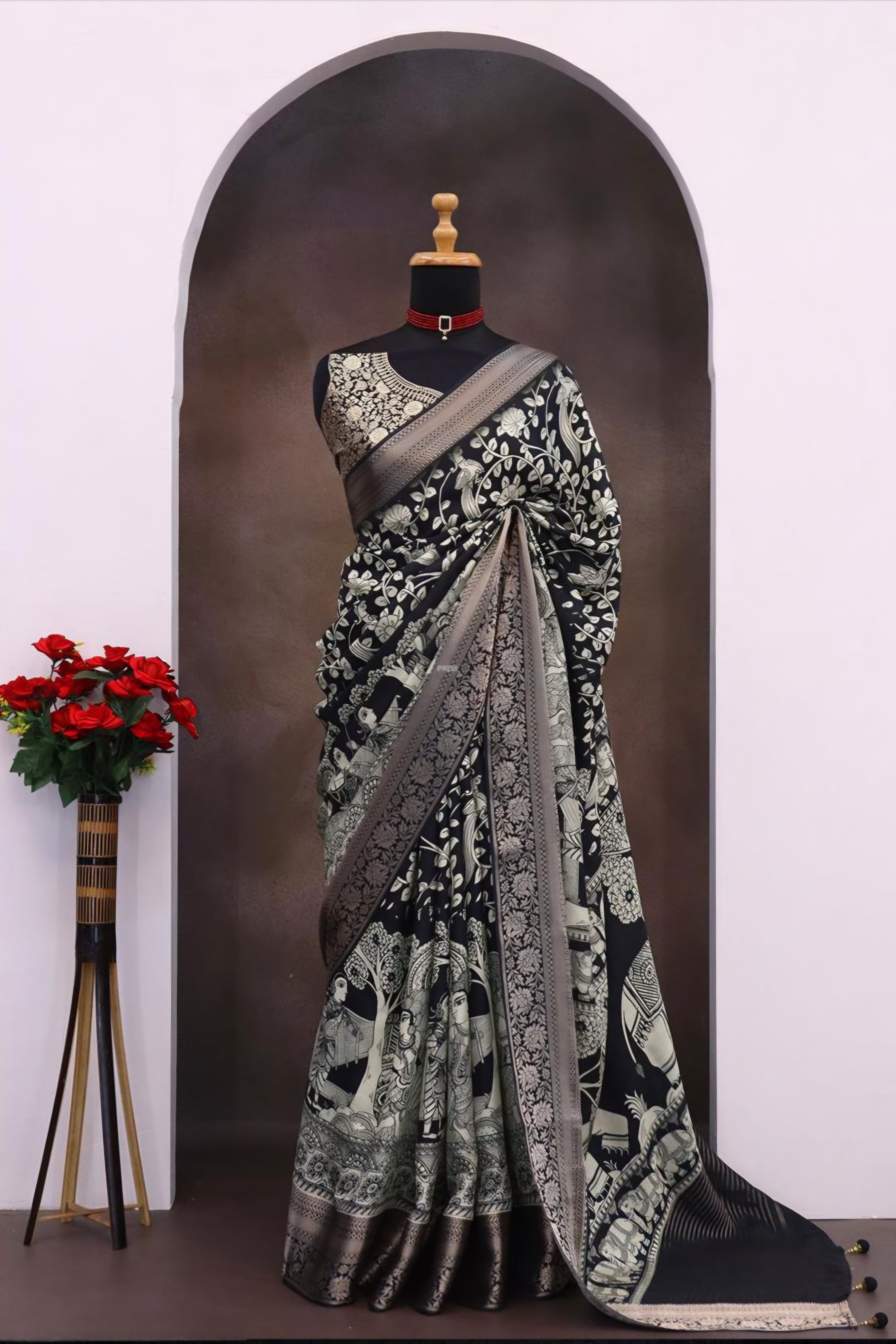 100606 Beautiful Pure Maslin Silk Traditional Print Saree with Zari Weaving Border and Heavy Brocket Blouse