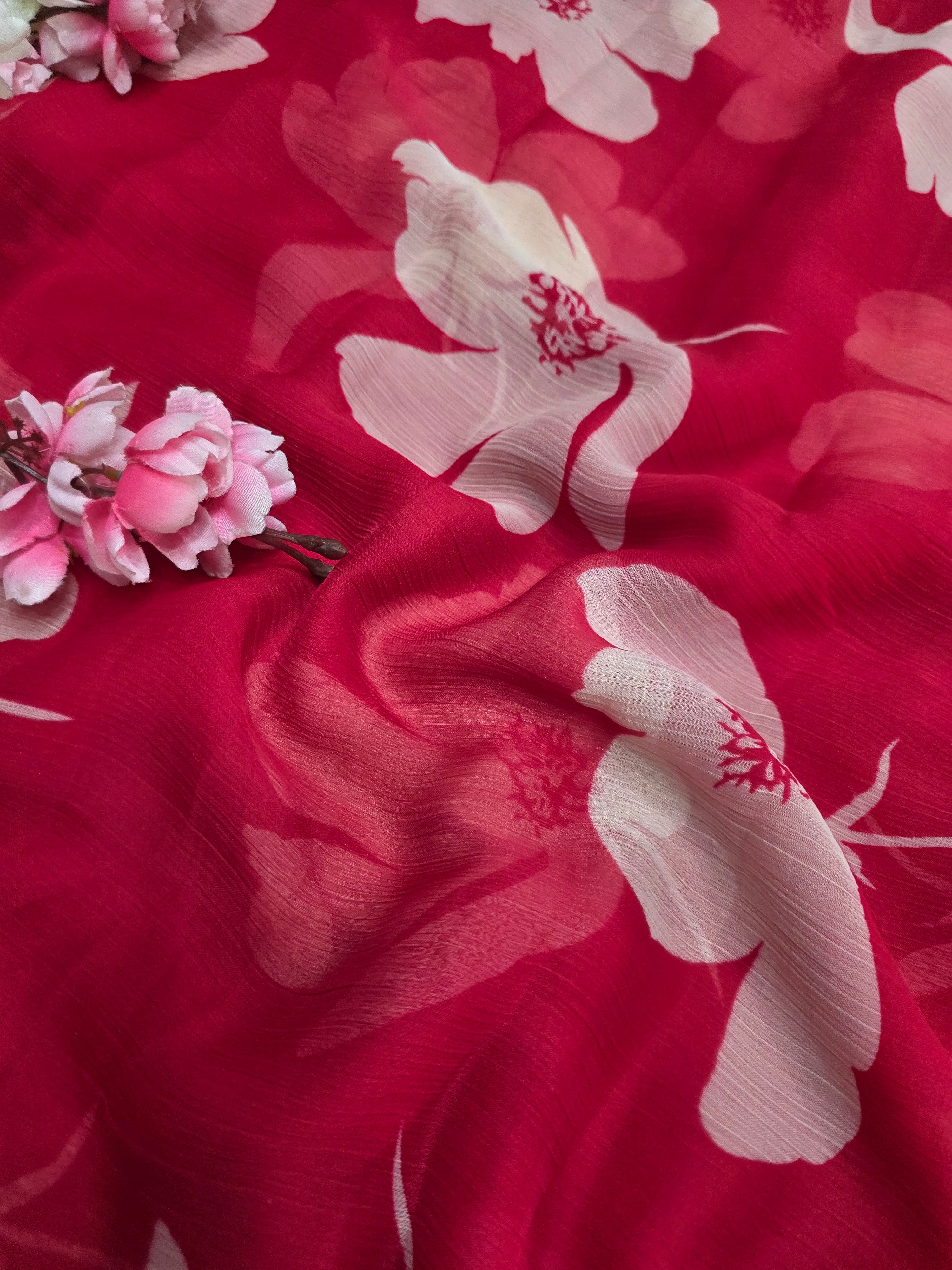 103903 Lightweight Elegant Semi Chiffon Flower Print Saree - Rani