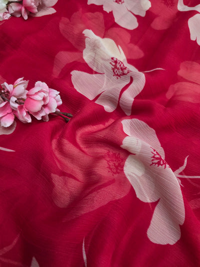 103903 Lightweight Elegant Semi Chiffon Flower Print Saree - Rani