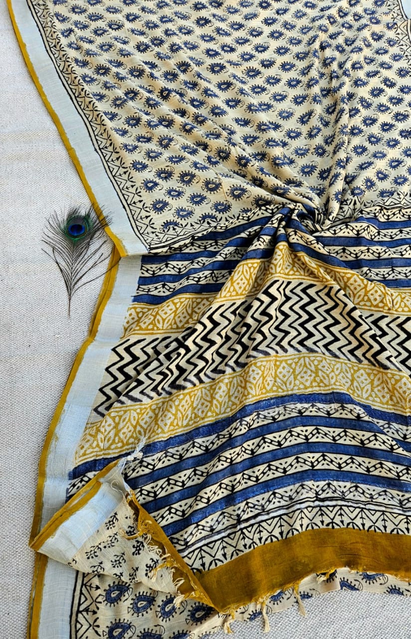 100206 Pure Rajasthani Natural Cotton Linen Hand Printed Saree