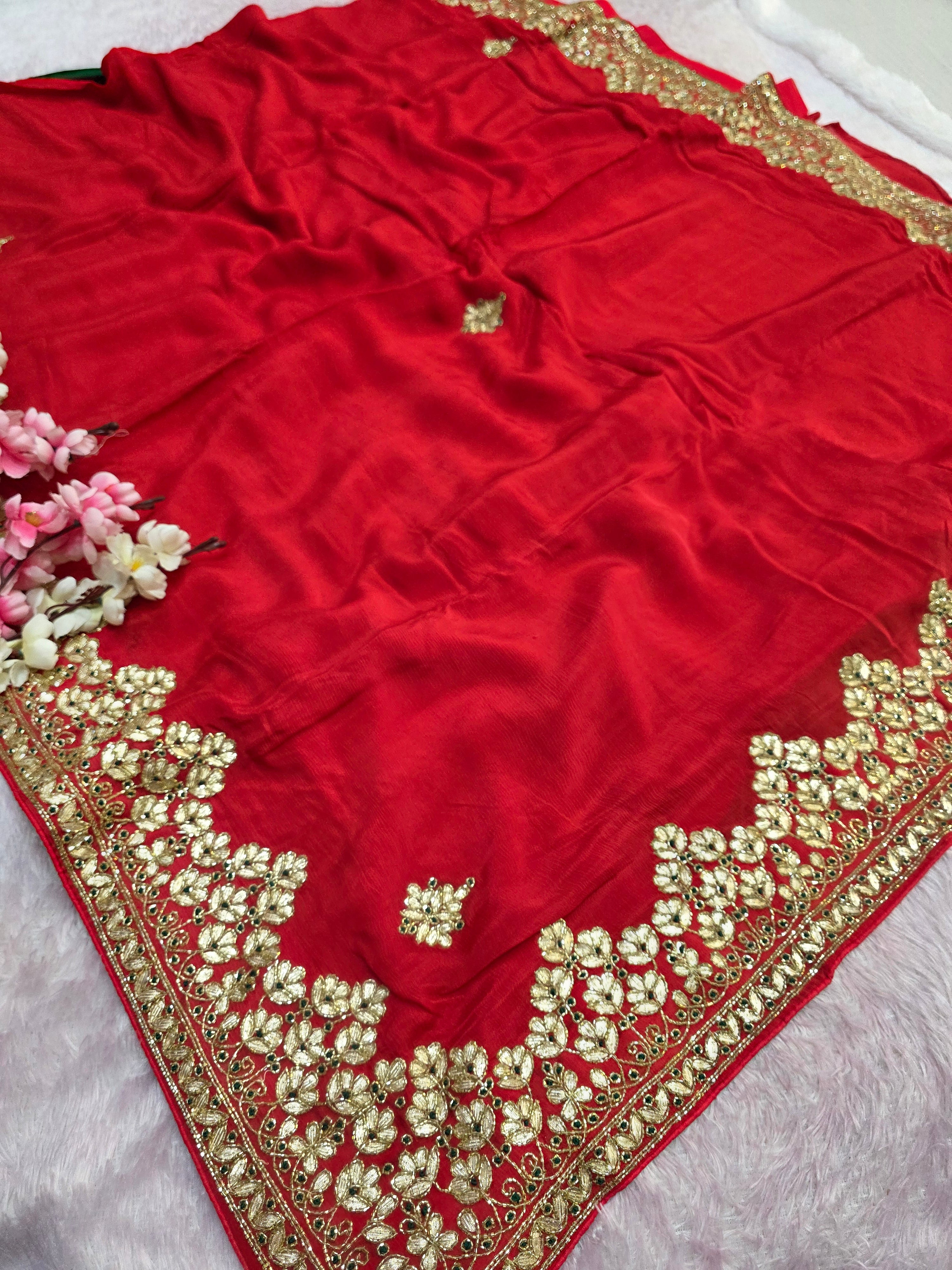 06443 Designer Pure Chinon Silk Traditional Rajasthani Saree with Hand Gotapatti Work Red Saree