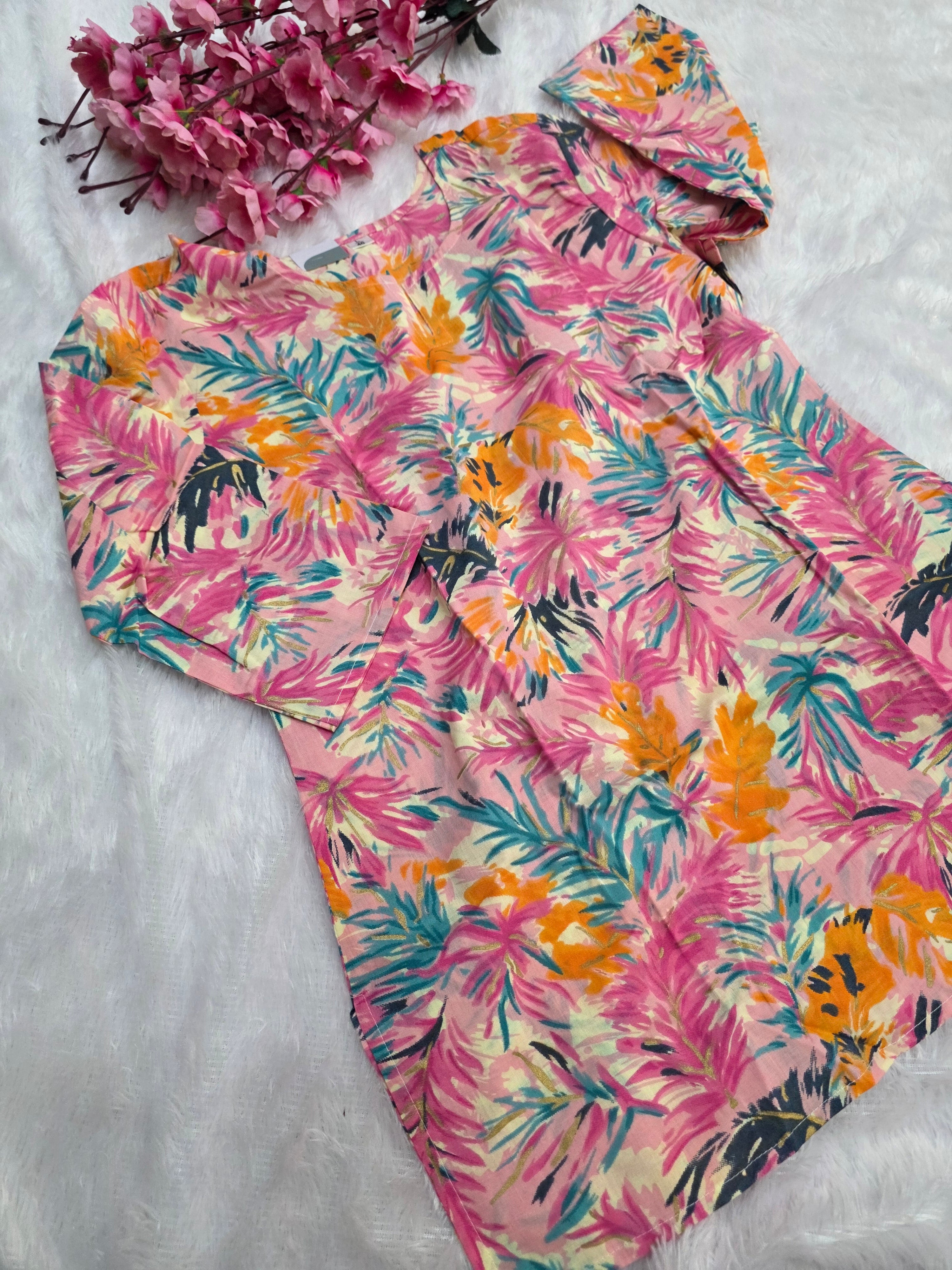 1758 Pure Cotton Hand Block Printed Shot Kurtis (Pink)