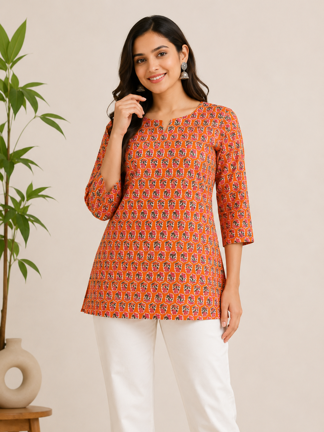 1758 Pure Cotton Hand Block Printed Shot Kurtis (Orange)