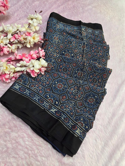 CA0738 Pure Modal Silk Ajrakh Natural Dye Saree Blue