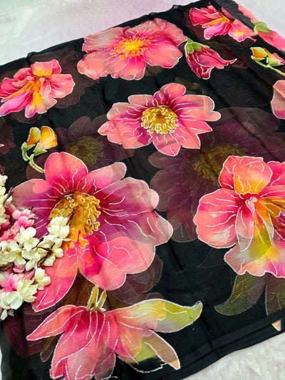 644001 एक्सक्लूसिव शिफॉन फ्लावर प्रिंट साड़ी - हरा 