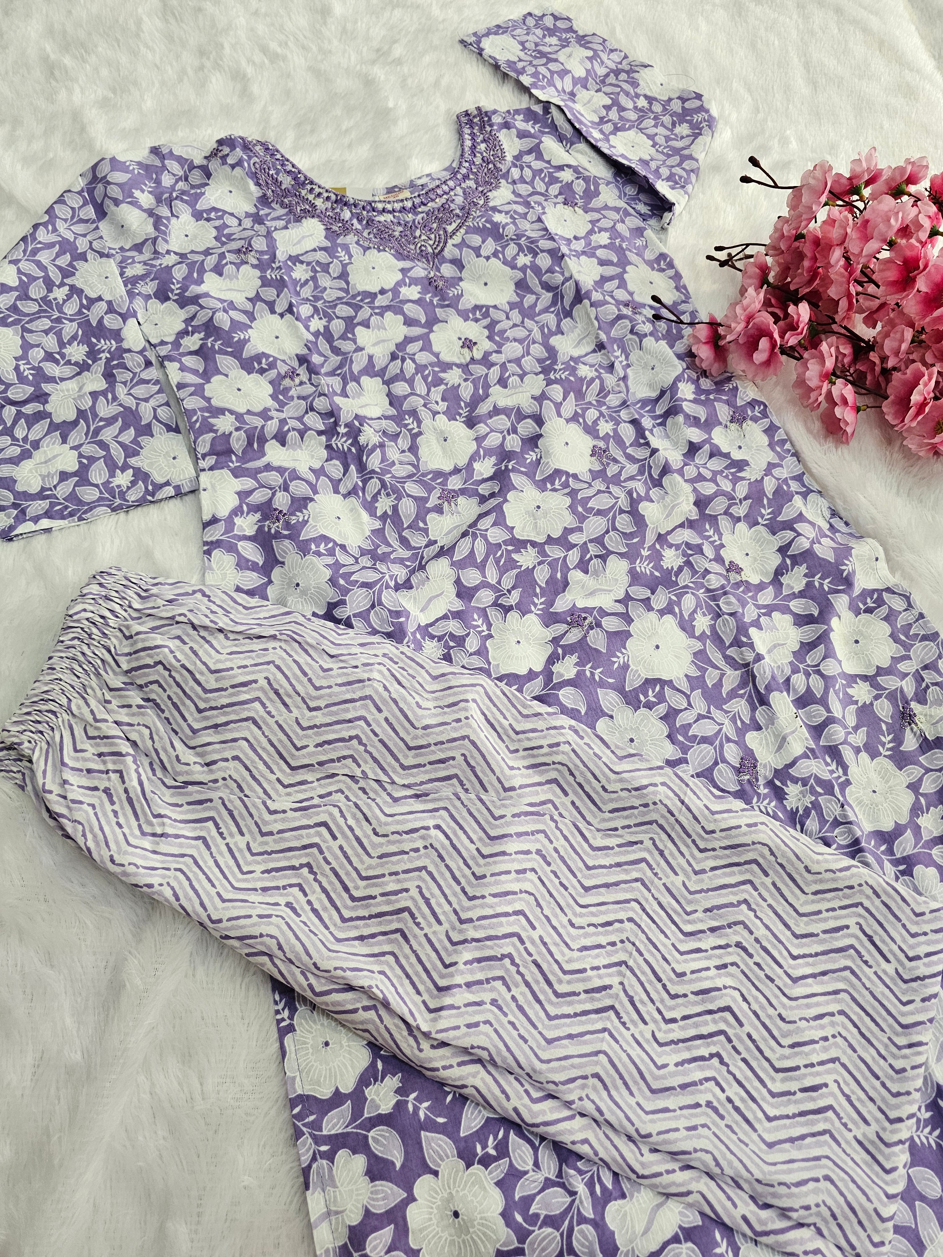 767005 Purple Color Embroidered Pure Cotton Printed Straight Kurti With Pant & Dupatta